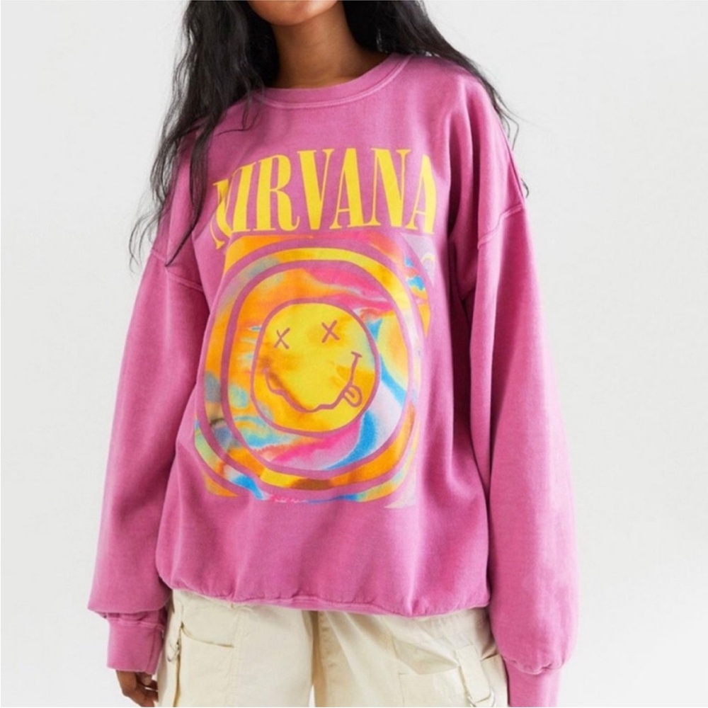 Pink Smiley Nirvana Sweatshirt Oversized Sweat Top S - M